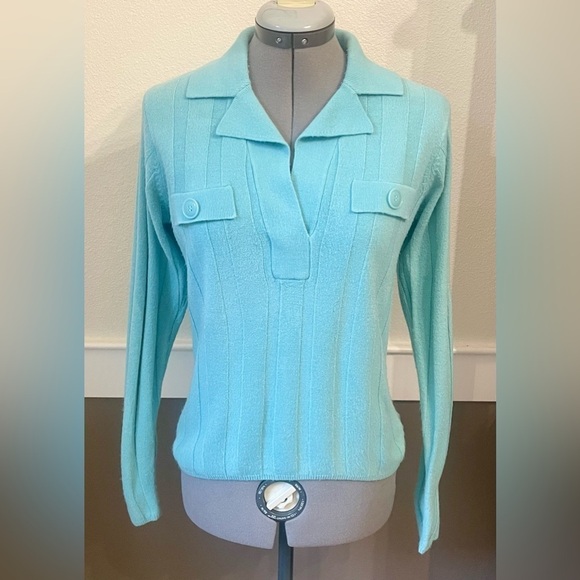 ⭐️Vintage 80s- 90s Bravo Sweater Size M Seafoam Collared Vertical Green Blue - Picture 3 of 8